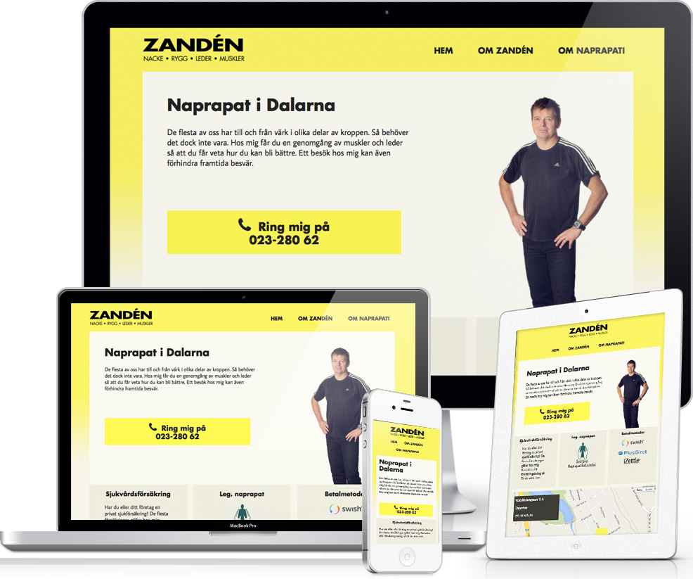 Exempel på Naprapat Zandéns webbplats på olika plattformar.